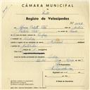 Registo de velocípede de marca Nacional, com o nº 4143, em nome de Afonso Batista Cleto, morador em Queluz.