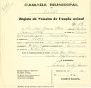 Registo de um veiculo de duas rodas tirado por dois animais de espécie bovina destinado a transporte de mercadorias em nome de José Gomes Mota, morador em Lisboa.