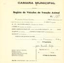 Registo de um veiculo de duas rodas tirado por um animais de espécie asinina destinado a transporte de mercadorias em nome de Jacinto Filipe Pelecas, morador na Várzea de Sintra.