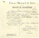Registo de velocípede de marca Pombal, com o nº 9591, em nome de António Antunes da Silva, morador em Almargem do Bispo.