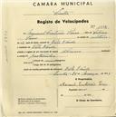 Registo de velocípede de marca Alcyon, com o nº 1502, em nome de Manuel Cristovão Pires, morador em Vila Verde.