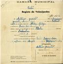 Registo de velocípede de marca Flecha, com o nº 1702, em nome de António Jacinto, morador em Praia das Maçãs.