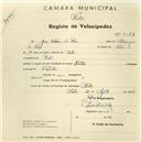 Registo de velocípede de marca Soltex, com o nº 2687, em nome de José Catarino dos Reis, morador em Sintra.