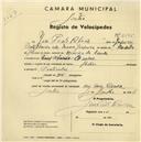 Registo de velocípede de marca Helios, com o nº 2565, em nome de José Pinto Ribeiro, morador em Casal Afonso, Queluz.