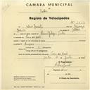 Registo de velocípede com o nº 1869, em nome de António Jacinto, morador em Praia das Maçãs.