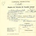 Registo de um veiculo de duas rodas tirado por dois animais de espécie bovina destinado a transporte de mercadorias em nome de António Lourenço Lapa, morador na Assafora.