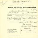 Registo de um veiculo de duas rodas tirado por dois animais de espécie muar destinado a transporte de mercadorias em nome de Domingos Manuel Catarino, morador em Almorquim.