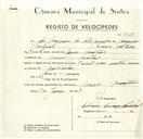 Registo de velocípede de marca Famel, com o nº 9528, em nome de Joaquim do Forte Miguel, morador em Mem Martins.