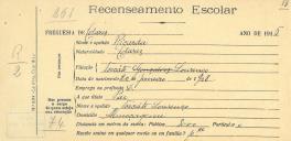 Recenseamento escolar de Ricarda Lourenço, filha de Torcato Lourenço, moradora em Almoçageme.