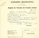 Registo de um veiculo de duas rodas tirado por dois animais de espécie bovina destinado a transporte de mercadorias em nome de Serafim dos Santos Silva, morador em São Marcos.