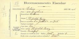 Recenseamento escolar de Angelina Braz, filha de Hipólito Braz, moradora no Mucifal.