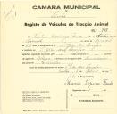 Registo de um veiculo de duas rodas tirado por dois animais de espécie bovina destinado a transporte de mercadorias em nome de Ventura Domingos Frade, morador em São João das Lampas.