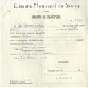 Registo de velocípede com o nº 5767, em nome de José Pascoal Filipe, morador em Colares.