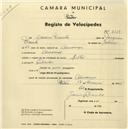 Registo de velocípede de marca Saltley, com o nº 2359, em nome de Adelino Vicente, morador em Almornos.