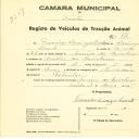 Registo de um veiculo de duas rodas tirado por dois animais de espécie muar destinado a transporte de mercadorias em nome de Francisco Domingos Duarte, morador no Arneiro dos Marinheiros.