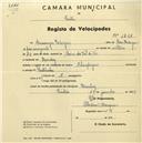 Registo de velocípede de marca Olympique, com o nº 1861, em nome de Domingos Rodrigues, morador em Queluz.
