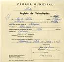 Registo de velocípede de marca Olga, com o nº 3646, em nome de José da Silva, morador em Albarraque.