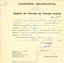 Registo de um veiculo de duas rodas tirado por dois animais de espécie bovina destinado a transporte de mercadorias em nome de Francisco Mariano Júnior, morador em Covas de Ferro.