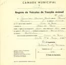 Registo de um veiculo de duas rodas tirado por dois animais de espécie bovina destinado a transporte de mercadorias em nome de Francisco Mariano Júnior, morador em Covas de Ferro.