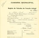 Registo de um veiculo de duas rodas tirado por dois animais de espécie muar destinado a transporte de mercadorias em nome de Alfredo Duarte, morador em Odrinhas.
