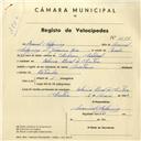 Registo de velocípede de marca Mauritane, com o nº 4198, em nome de Manuel Salgueiro, morador em Colónia Penal de Sintra.