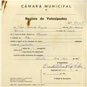 Registo de velocípede com o nº 4228, em nome de João Martinho Ferreira, morador em Belas.