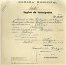 Registo de velocípede de marca Champion, com o nº 346, em nome de Manuel da Silva Rodrigues, morador em Cortegaça.
