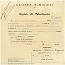 Registo de velocípede de marca Especial, com o nº 4764, em nome de Armindo Francisco Eufrasio, morador em Covas de Ferro.