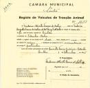 Registo de um veiculo de duas rodas tirado por um animal de espécie asinina destinado a transporte de mercadorias em nome de Frederico Alberto Franco de Castro, morador na Idanha, Belas.