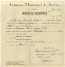 Registo de velocípede de marca Invar, com o nº 8195, em nome de Alfredo Pimenta Araújo, morador em Algueirão.