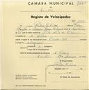 Registo de velocípede de marca Ocidental, com o nº 1387, em nome de José Pedro Ribeiro, morador em S. Pedro de Sintra.