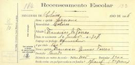 Recenseamento escolar de Luciana Torres, filha de Francisco Nunes Torres, moradora no Penedo.