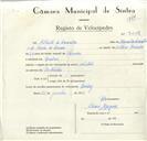 Registo de velocípede com o nº 9019, em nome de Alberto de Carvalho, morador em Queluz.