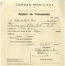 Registo de velocípede de marca Tagus, com o nº 3723, em nome de Felipe Antunes Eva, morador em S. Pedro de Sintra.