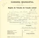 Registo de um veiculo de duas rodas tirado por um animal de espécie asinina destinado a transporte de mercadorias em nome de António dos Santos, morador em Carenque.