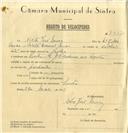 Registo de velocípede com o nº 7977, em nome de Vítor José Névoa, morador em Rua José Antunes dos Santos, Sintra.