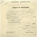 Registo de velocípede de marca specialized, com o nº 933, em nome de Alfredo Miguel Rodrigues, morador em Vila Verde.