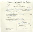 Registo de velocípede de marca Nacional, com o nº 9212, em nome de Maximino Inocêncio Jacinto, morador em Assafora.