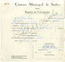 Registo de velocípede de marca VN-Mota, com o nº 8836, em nome de Vítor José Névoa, morador em Sintra.