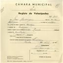 Registo de velocípede de marca Hércules, com o nº 3855, em nome de José Rodrigues, morador em Pexilgais.