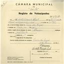 Registo de velocípede de marca Union, com o nº 3917, em nome de Norberto Ricardo Leal, morador em Praia das Maçãs.