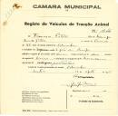 Registo de um veiculo de duas rodas tirado por dois animais de espécie bovina destinado a transporte de mercadorias em nome de Francisco Patrão, morador em São João das Lampas.