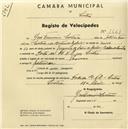 Registo de velocípede de marca Toman, com o nº 1561, em nome de José Francisco Solteiro, morador em Sintra.