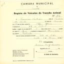 Registo de um veiculo de duas rodas tirado por dois animais de espécie muar destinado a transporte de mercadorias em nome de Francisco Custódio, morador em Vale de Lobos.