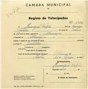 Registo de velocípede com o nº 1814, em nome de Henrique Filipe, morador em Albarraque.