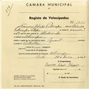 Registo de velocípede de marca Peugeot, com o nº 1766, em nome de Francisco Adrião Policarpo, morador em Albarraque.