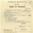 Registo de velocípede de marca Olga, com o nº 4131, em nome de João Domingos Baleia, morador em Almorquim.