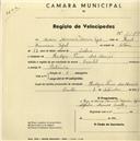 Registo de velocípede de marca Oriental, com o nº 2189, em nome de Maria Manuela d'Oliveira Tojal, moradora em Rodízio.