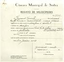 Registo de velocípede de marca Famel com motor Vitória, com o nº 9503, em nome de Germano Duarte, morador em Assafora.