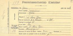 Recenseamento escolar de Joaquina Rosa, filha de José Alves Rosa, moradora em Almoçageme.